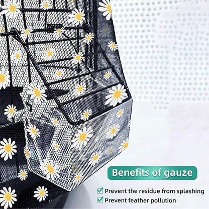 Bird Cage Seed Catcher, Seed Catcher Guard Net Cover, Parrot Nylon Mesh Net Cover, Universal Soft Airy Cage Net Stretchy Skirt for Round Square Cages (Daisy-Black, 15.7" x87")