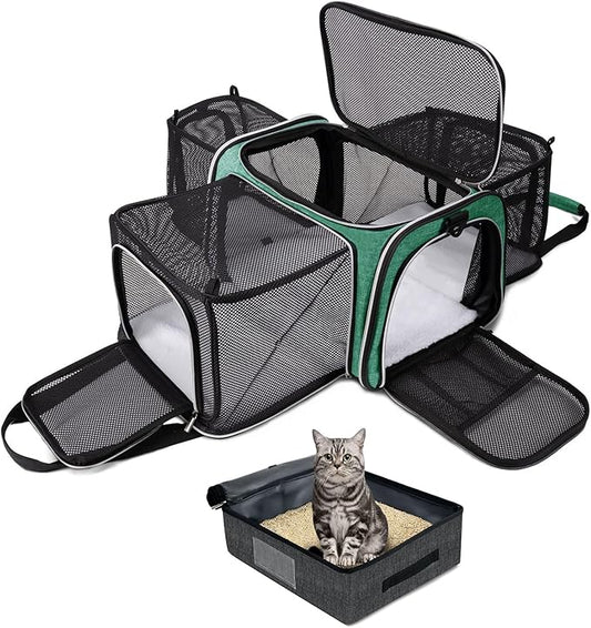 BAGLHER Expandable Cat Carrier with Travel Litter Box, Pet Travel 5 Sides Open Doors 3 Sides, Leak-Proof and Collapsible, for Car, Airplane Trip, Green