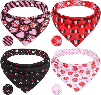 PAWCHIE Valentine's Day Dog Bandanas 4 Pack, Reversible Dog Party Triangle Scarf Bibs, Pet Holiday Costume with Adjustable Snaps, Multiple Love-Themed Patterns for Medium Dogs Puppy,Cats Pets, L