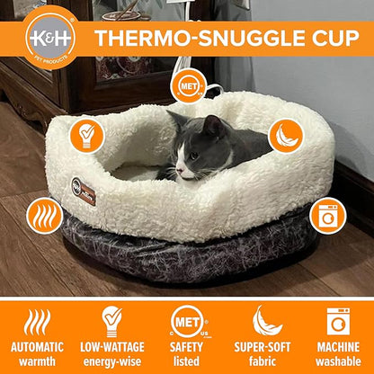 K&H Pet Products Heated Cat Bed Indoor, Thermo-Snuggle Cup Bomber Soft Heated Pet Bed for Large Indoor Cats and Small Dogs, Machine Washable, Waterproof Heated Pad, Safety Listed - 18 X 14in Gray