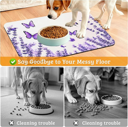 Pet Feeding Mat,Lavender Butterfly Absorbent Dog Cat Food Mat Purple Dog Mat with Rubber Backing,Non-Slip Water Bowl Placemat,Pet Supplies 12" x 20"