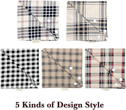 5PCS Dog Bandanas with Button - Thick Triangle Bibs Dual Layer Soft Cotton Scarves for Small Medium Boy Girl Puppy Cat Pet Baby Square Plaid Printing Washable Kerchief Halloween Costumes Outfits