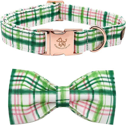 Elegant Little Tail Dog Collar with Bow - Pink with Green Plaid Cute Bowtie Adjustable Collar for Small Puppy