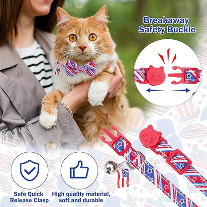 American Flag Cat Collar with Bell Bow Tie Star Breakaway for 4th of July Independence Day, Adjustable Safety Kitten Collars with Removable Bowtie & Charm for Boys Girls Male Female Cats