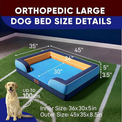 Comfort Expression Orthopedic Dog Bed for Extra Large Dogs 45x35 Inch, Waterproof Egg Crate Foam XL Pet Bed with Removable Bolsters, Dog Couch with Washable Cover & Non-Slip Bottom, Houston