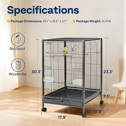 VIVOHOME 30 Inch Height Wrought Iron Bird Cage with Rolling Stand for Conures Lovebirds Cockatiels Finches, Black