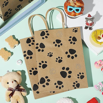 Blulu 20 Pcs Puppy Dog Paw Gift Bags with Paper Twist Handles, Dog Gift Paper Paw Treat Goodie Bags for PET Treat Party Favor, 6.3 x 3.1 x 8.6 Inch(Brown Backing)