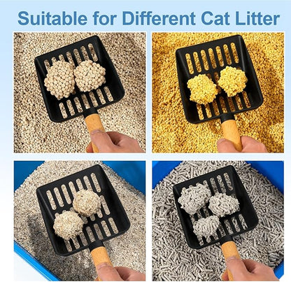 Cat Litter Scoop, Metal Litter Scoop, Heavy Duty Metal Cat Scooper for Litter Box, Black Sifter Scoop for Pellets, Wooden Handle Scoop with Hole, Kitty Necessity (9.8" Handle with Holder)
