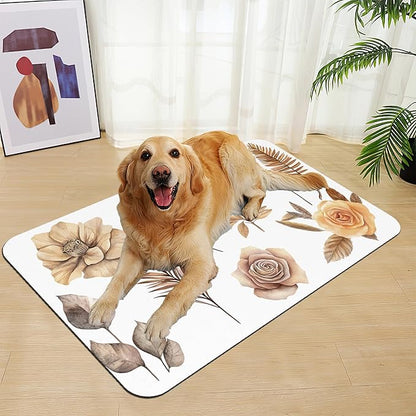 Floral Palm Leaves Dog Cat Food Mat–Christmas Stocking Absorbent Waterproof Placemat for Food and Water Bowls, Non Slip Rubber Backing, Feeding Mat for Clean Floors 16"x24"