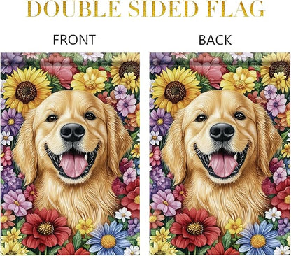 Golden Retriever Garden Flag 12x18 Inch Dog with Colorful Flowers Outdoor Banner Cute Pet Yard Decor Spring Summer Double Sided Welcome Flag for Lawn House Decoration Dog Lovers Gift