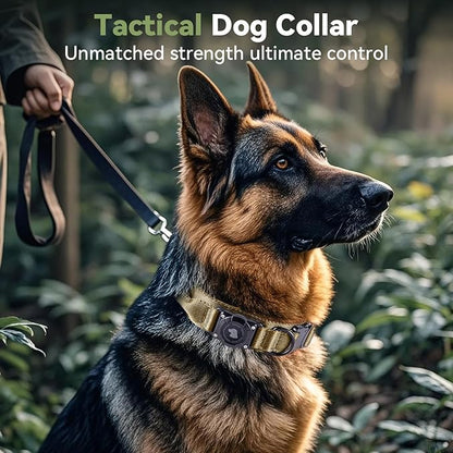 2025 Upgrade Waterproof AirTag Dog Collar, Military Tactical Dog Collar with AirTag Holder, Comfortable Control Handle and Metal Buckle, GPS Dog Collar Holder for Medium to Large Dogs (Khaki, M)