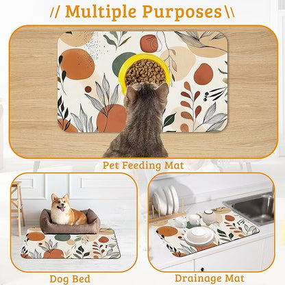 Boho Dog Cat Food Mat,Abstract Leaves Absorbent Waterproof Placemat for Food and Water Non Slip Rubber Backing Durable Feeding Pad for Clean Floors 12" x 20"