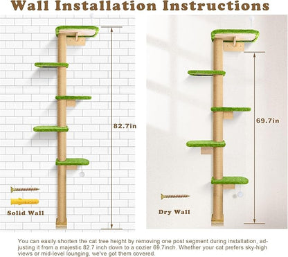 Floor to Ceiling Cat Tree for Kittens, Wall Mounted Cat Wall Furniture with Green Plush Pads, 5 Platform Wild Simulation Climbing Tower, Adjustable Height
