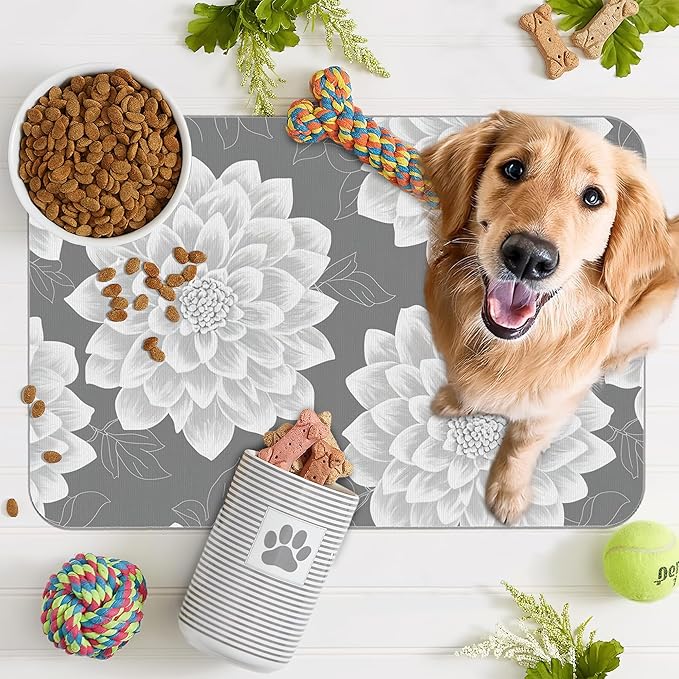 Dahlia Dog Cat Food Mat,Gray White Flowers Absorbent Pet Feeding Mat with Rubber Backing,Non-Slip Water Bowl Placemat,Indoor Pet Accessories Supplies 12"x20"
