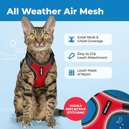 Voyager Escape-Proof Step-in Lock Cat Harness & 5ft Neoprene-Handle Leash Set All-Weather Mesh with Reflective Stitching for Small to Large Cats by Best Pet Supplies, Black Trim-Red (327), XXS