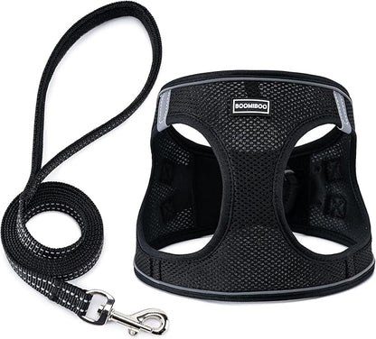 BOOMIBOO Dog Harness with Leash Set, No Pull Adjustable Reflective Step-in Puppy Pet Vest Harnesses for Small Medium Large Dogs and Cats,Black XXS