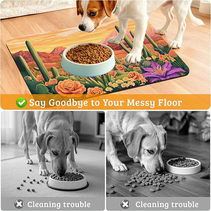 Pet Feeding Mat,Cactus Absorbent Dog Cat Food Mat Desert Dog Mat with Rubber Backing,Non-Slip Water Bowl Placemat,Pet Supplies 16" x 24"