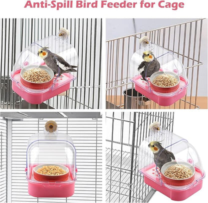 No Mess Bird Cage Feeder,2 in 1 Bird Feeder with Ceramic Bowl Parrot Bathtub with Bottom Drawer Hanging Shower Box for Birds Budgies Parakeet Small Parrot Cockatiels(Pink)