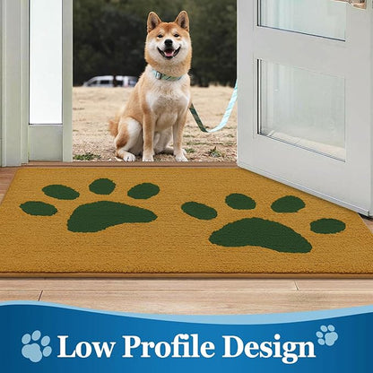 Buganda Dog Door Mat for Muddy Paws, Absorbent Dirt Trapper Washable Indoor Doormats, Non Slip Low-Profile Mud Mat for Dogs, Front Entrance Doormat for Inside Floor (36x24 Inches, Yellow and Green)