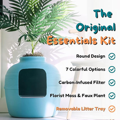 Good Pet Stuff Hidden Litter Box Planter, Decorative Cat Litter Enclosure with Carbon Filter, Artificial Plant, Easy Clean, Indoor Design, Original Round Style, Essentials Kit, Caribbean Blue