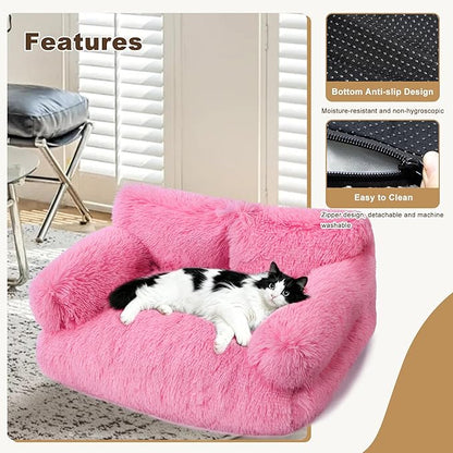 Large Cat Beds for Indoor Cats, Dog Couch Bed, Cute Cat Couch Sofas for Less 20lbs Kitten Puppy, Small Dog Sofas & Chairs with Removable Washable Cover, Soft Warm Pet Furniture, Plush Pink