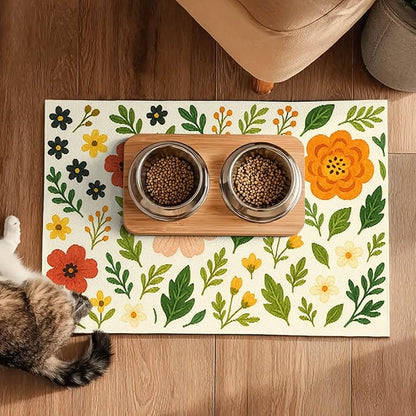 Trendy Flower Pattern Pet Feeding Mat Spill-Proof Feood Pad for Food and Water Bowls Non-Slip Placemat for Pet Areas Easy Clean Fast Dry Mat for Cats Kittens & Small Dogs 20" x 12"