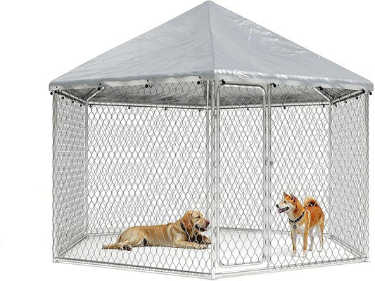 6.8x6.8 FT Outdoor Dog Kennel Outside Heavy Duty Dog Enclosure with Waterproof Cover and Security Lock, Galvanized Wire Mesh Hexagonal Large Dog Kennel(81x81x95.3IN)