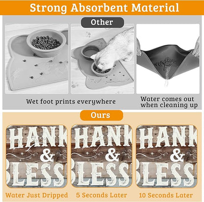 Thankful Feeding Mat,Blessed Absorbent Quick-Dry Cat Dog Food and Water Bowl Mats,Non-Slip Rubber Backing Mat,Cat Dog Accessories Supplies 12" x 20"