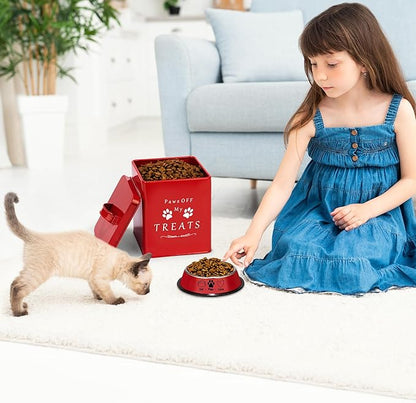 Meraki Home Farmhouse Cat Food and Treats Containers + Feed Scoop + Pet Food Bowl - Tight Lids - Large Metal Storage Bin - Great Gift for Cute Pets (Glossy Red)