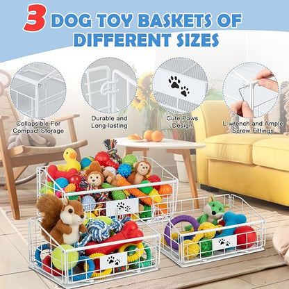 Mimorou 3 Pack Metal Dog Toy Baskets Multi-sized Foldable Dog Toy Bins Box Storage Container Organizer for Living Room Area Decorative Pet Accessories Coat Clothing Storage Holder Baskets(White)