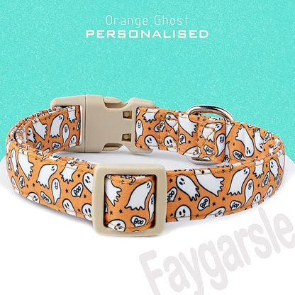 Faygarsle Halloween Ghost Pattern Dog Collar with Charm, Orange and White,for Small Medium Large Dogs S