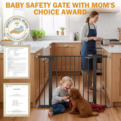 Baby Gate for Stairs, 29.7-43" Auto Close Dog Gate for Doorways & Hallways, Pressure Mounted Pet Gate with Walk Thru Door, Easy Install Safety Gate for Children & Pets, No Drilling, Dual-Lock Design