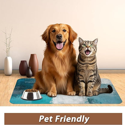 Turquoise Grey Dog Cat Food Mat,Teal Modern Art Absorbent Pet Feeding Mat for Food and Water,Non-Slip Dog Bowl Mats Floor Protector 16"x24"