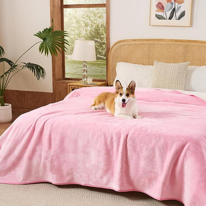 Sunheir Waterproof Blanket for Queen Size Bed - 90"x86" Soft Reversible Sherpa Fleece Flannel Dog Blankets for Large Dogs, Pet Blanket for Bed, Couch, Soft Plush Furniture Protector, Pink