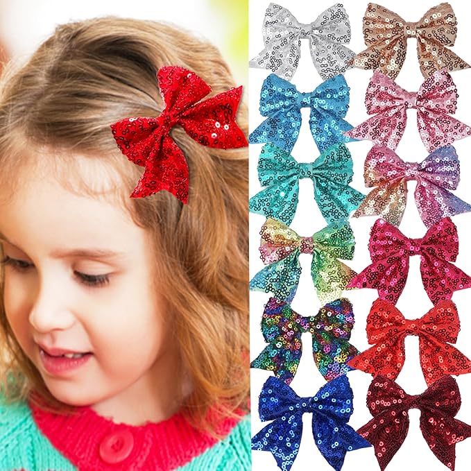 3-inch Sequined Bow Hair Clips For Baby Girls, Toddler, Kids and Young Women Birthday Party Wedding Christmas Occasions Pet Accessories Set of 2 (Fuchsia)