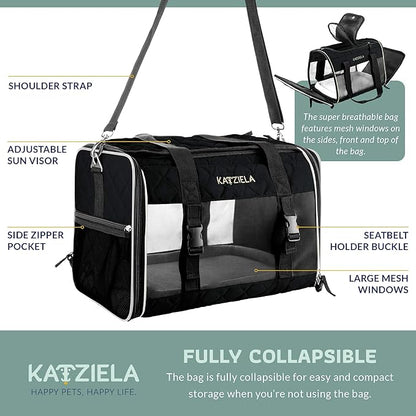 Katziela Deluxe Quilted Airline Approved Pet Dog & Cat Carrier for Airplane Travel (Large, Black)