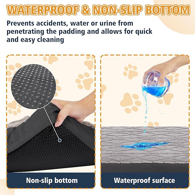 XL Orthopedic Dog Bed - Waterproof Plush Pet Mattress with Removable Washable Cover and Non-Slip Bottom, Memory Foam Dog Bed for Crate, 41"x27" Grey