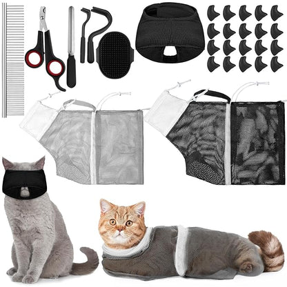 10 Pcs Cat Bathing Bag Set Pet Mesh Shower Bag Anti Bite and Scratch Pet Grooming for Washing Brush, Cat Muzzle, Nail Clipper, Nail File, Tick Tool(Gray and Black)