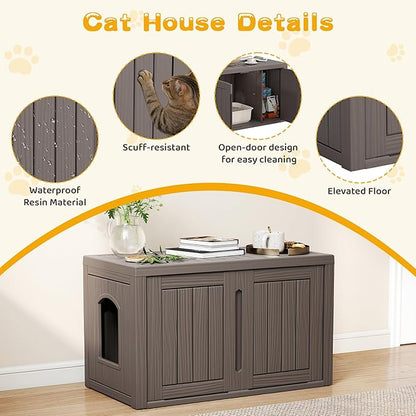 Cat Litter Box Enclosure, Multi-Functional Hidden Enclosed Litter Box Furniture with Adjustable Partition, Indoor Outdoor Cat House Weatherproof, Side Table, Easy to Clean & Assemble, Gray