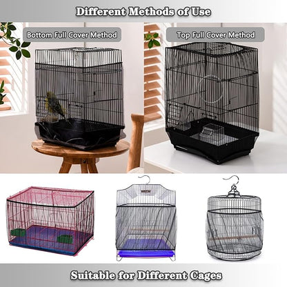 Bird Cage Seed Catcher - Adjustable Netting Cover Guard Skirt for Parrot Parakeet Macaw Round Square Cages - Black