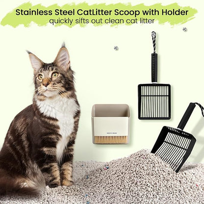 Metal Cat Litter Scooper with Holder, Stainless Steel Metal Litter Scoop Includes Portable Small Broom and Dustpan Set, Speed Sifter Cat Litter Scoop Captures All Clumps, Non-Slip Handle, Easy Clean