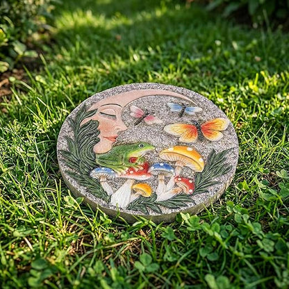 Garden Stepping Stones Outdoor, 9.8" Resin Frog Stepping Stone with Moon Butterfly Mushroom, Spring Decorative Round Walkway Gardening Gifts Home Decor for Outside Yard Pathway Patio Lawn