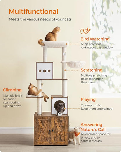 Feandrea Cat Tree with Litter Box Enclosure, 70.1-Inch Tall Cat Tower, 2-in-1 Modern Condo with Scratching Posts, Perch, Caves, Basket, Washable Cushion, Rustic Brown UPCT116X01