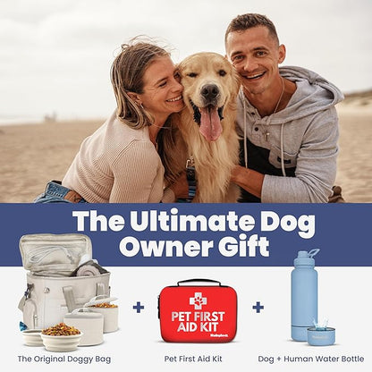 The Original Doggy Bag™ - Complete Dog Travel Bag for Supplies with 2 BPA-Free Travel Dog Bowls & 2 Pet Food Containers - Traveling Kit for Road Trips, Camping, Weekend Away or Doggy Gift: Beige