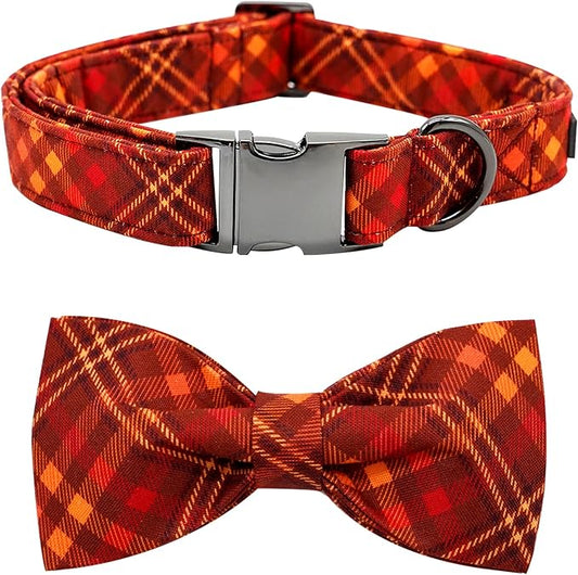 Fall Dog Collar, Pet Collar Bow Plaid Pet Collars Girl Boy Holiday Pet Collars Gift Bow Collars Cute Soft Puppy Collars for X-Large Dogs