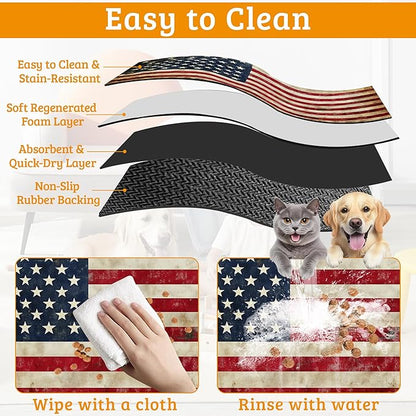 Retro Flag Dog Cat Food Mat,Absorbent Waterproof Placemat for Food and Water Non Slip Rubber Backing Durable Feeding Pad for Clean Floors 12" x 20"
