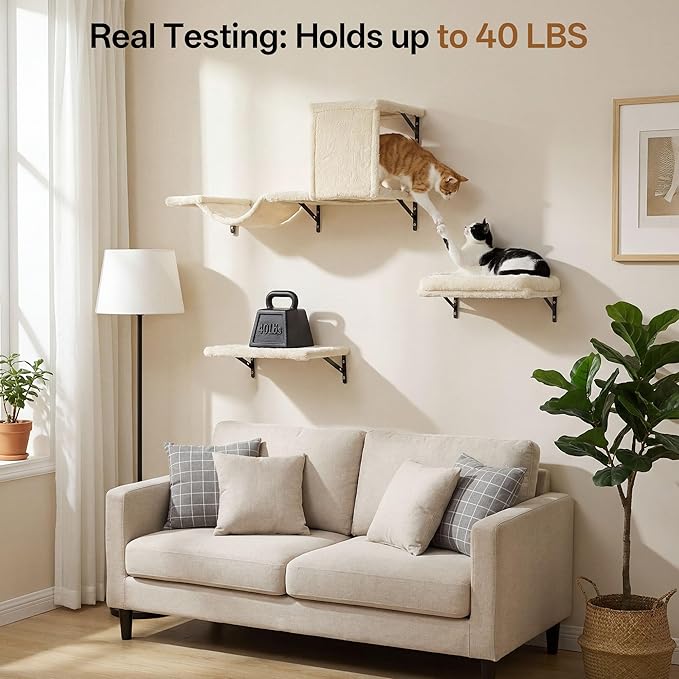 MEWANG 5-in-1 Cat Wall Shelves: Cat Climbing Furniture with Wall Mounted Perch & Lounge for Indoor Cats, Space-Saving Wall Pet Shelves for Play & Rest - Beige (White)