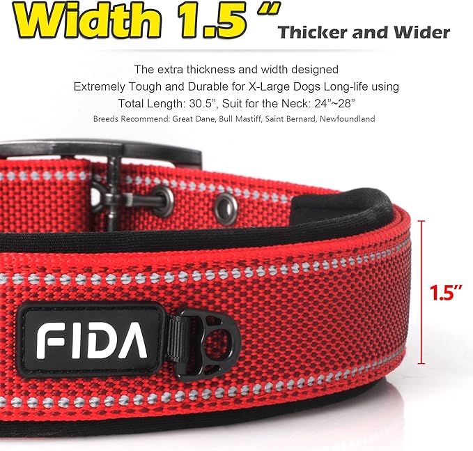 Fida Heavy Duty Dog Collar 1.5” Width, Ultra Soft Neoprene Padded, Adjustable Reflective Nylon Pet Collar with Two Metal Pin Belt Buckle for Large/X-Large Breeds (XL, Red)