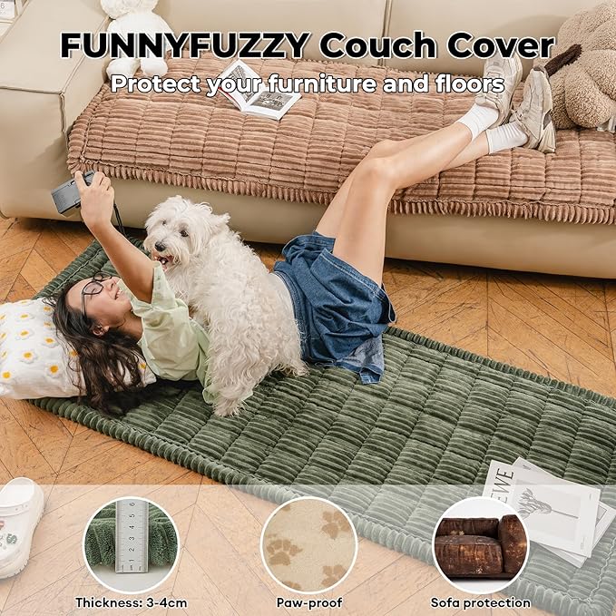 FUNNY FUZZY Pet Couch Covers for Sofa, Washable Dog Couch Cover Protector, Flannel Couch Covers for Dogs Pet- Friendly Mat Bed Sofa Cover (Dark Green, 27.6"×59.1")