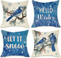 Fahrendom Hello Winter Bluebird Decorative Throw Pillow Covers 18x18 Set of 4, Let It Snow Blue Jay Branch Porch Patio Outdoor Pillowcase, Christmas Pine Needle Red Berry Sofa Cushion Case Home Decor